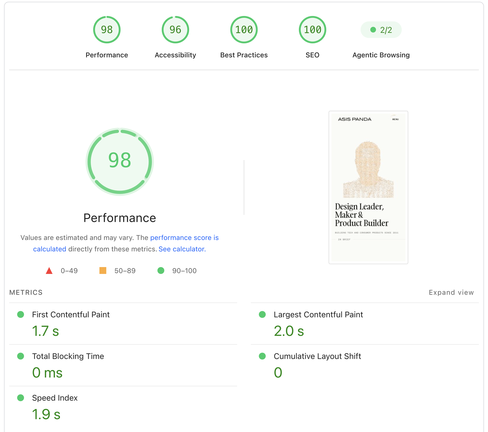 PageSpeed Insights mobile report after the fix: Performance 98, Accessibility 96, Best Practices 100, SEO 100. Total Blocking Time 0 ms, Speed Index 1.9 s.